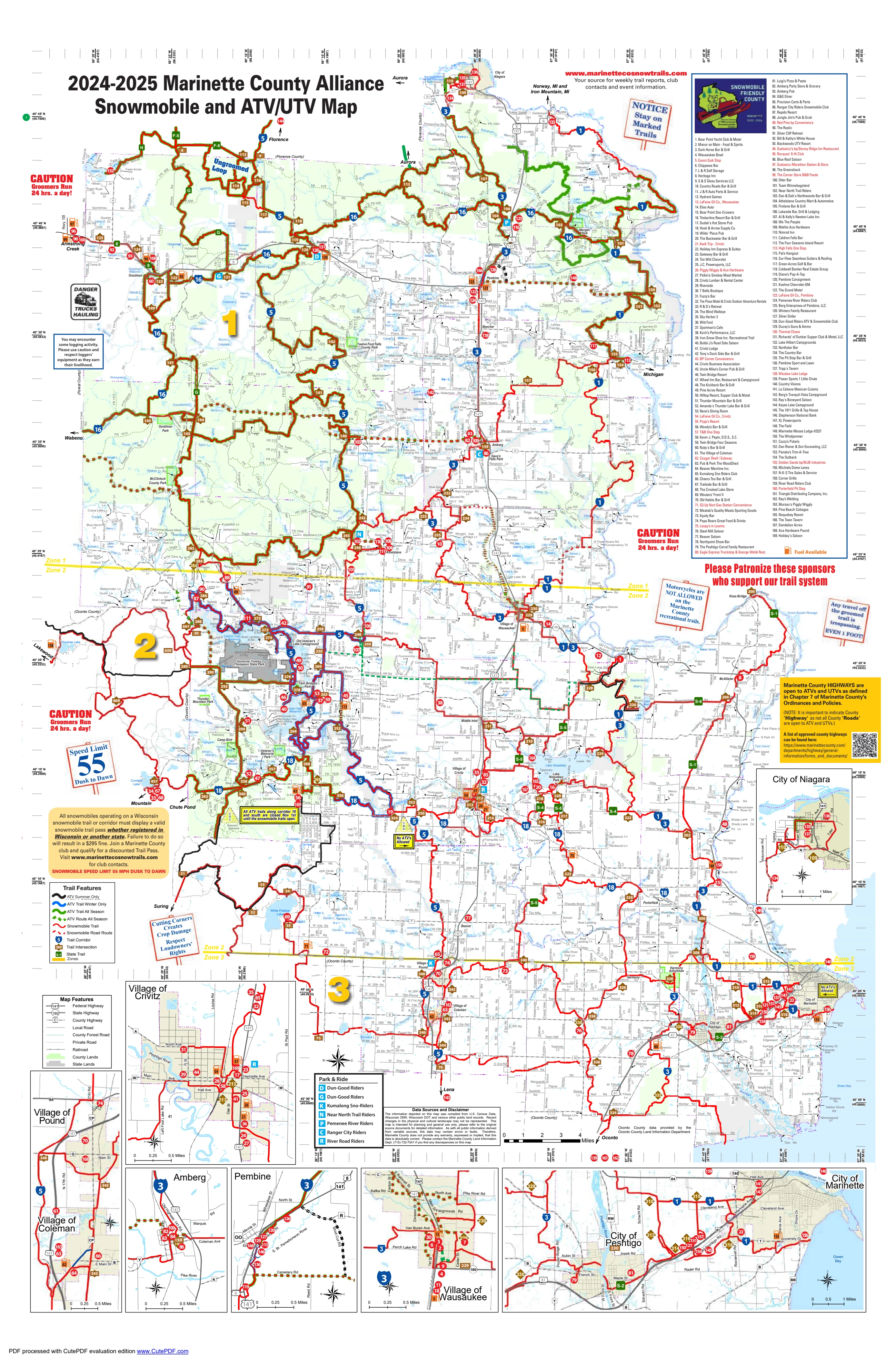 2024-2025 Marinette County Alliance snowmobile and ATV/UTV trail map